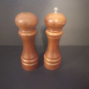 Vintage Wooden Pepper Mill Grinder & Salt Set Medium Brown Color 7" High